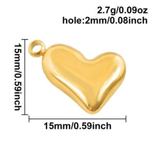 Detailed view of polished 304 stainless steel heart pendant with size measurements