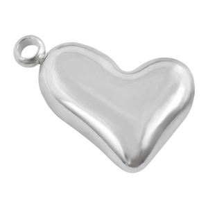 Macro detail of a 304 stainless steel puffed heart pendant with polished silver finish