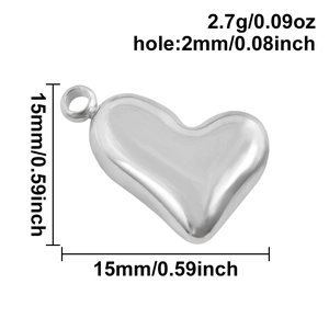 Macro detail of 304 stainless steel heart pendant showing 15mm x 15mm dimensions