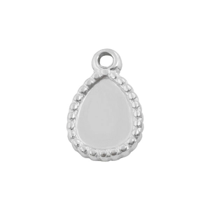 Detailed view of beaded edge water drop pendant base in polished 304 stainless steel