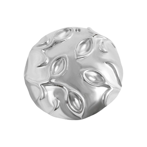 Macro detail of round stainless steel charm featuring embossed leaf patterns and top hole