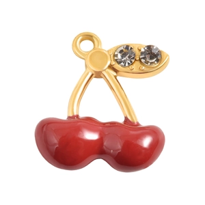 18k Gold Kirschen-Anhänger mit roter Emaille und funkelnden Strasssteinen für DIY Schmuck
