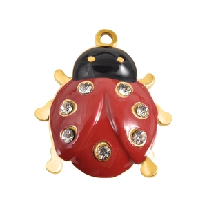 Ciondolo a forma di coccinella dorata in acciaio con smalto rosso e strass