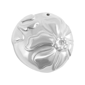 Detail showing a silver round floral relief pendant for DIY jewelry necklace making