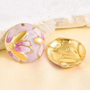 Colgante redondo de esmalte floral rosa y violeta en acero inoxidable para joyería artesanal