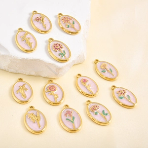 Pink enamel flower pendant charms in oval gold stainless steel for DIY necklace