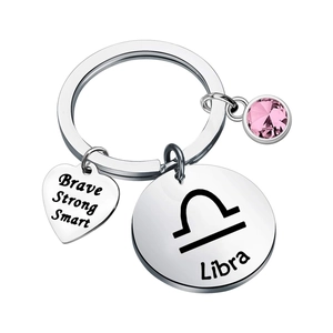 Detailed view of Libra zodiac keychain with pink birthstone and engraved heart pendant
