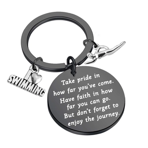 Black stainless steel swimming keychain with silver swimming charms and inspirational quote