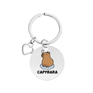 Porte-clés mignon Capybara en acier inoxydable avec pendentif rond imprimé en UV
