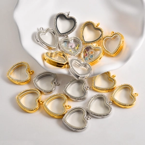 Stainless steel heart locket pendant with rhinestones and glass for souvenirs