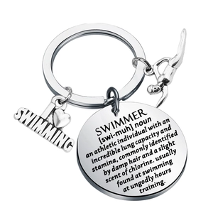 Polished stainless steel keychain with Swimmer definition and diver charms on white background