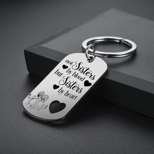 Polished stainless steel sisters heart keychain gift in a black luxury presentation box