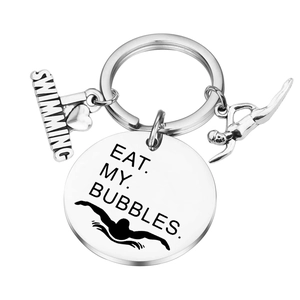 Silver stainless steel swimming keychain with engraved tags and athlete charm