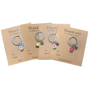 Zinc Alloy Enamel Flower Heart Keychain With Thank You For Helping Me Grow Kraft Card Floral Pendant Keyring Gift For Teacher