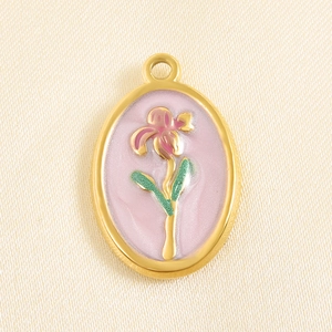 Detail of gold oval floral pendant with pink enamel and 3D relief flower for DIY jewelry