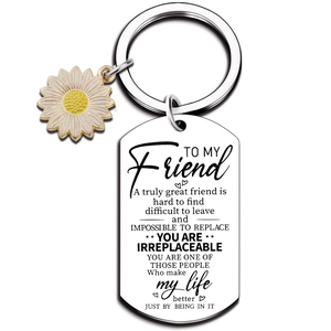 Polished stainless steel friendship keychain with sunflower charm and engraved quote tag