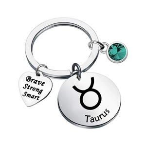 Silver stainless steel Taurus keychain with green birthstone and engraved heart pendant