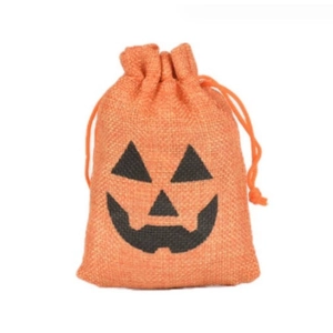 Sacchetto regalo di Halloween in juta arancione con viso di zucca e coulisse pratica
