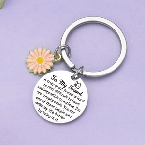 Friendship keychain with sunflower charm and engraved stainless steel friendship quote pendant