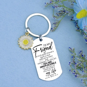 Friendship stainless steel keychain with engraved text plate and sunflower pendant
