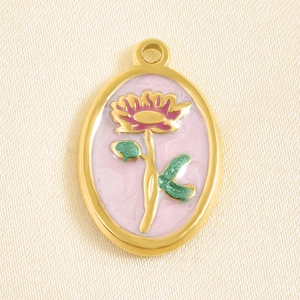 Detailed close-up of pink enamel floral oval pendant with gold stainless steel plating
