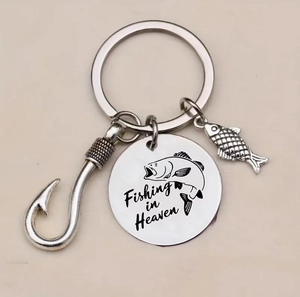 Porte-clés de pêche en acier inoxydable avec pendentif Fishing in Heaven et un hameçon