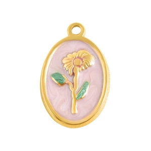 Oval pink enamel flower pendant in gold finish for DIY necklaces and jewelry making