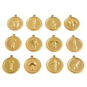 Set van 12 gouden roestvrijstalen ronde bedeltjes met symbolische reliëfpatronen voor doe-het-zelf