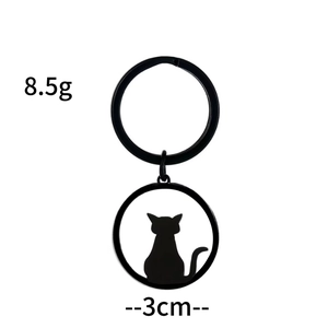 Minimalist black stainless steel cat silhouette keychain with a matte finish and 3cm diameter