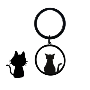 Minimalist black stainless steel cat silhouette keychain and couple gift pendant accessory