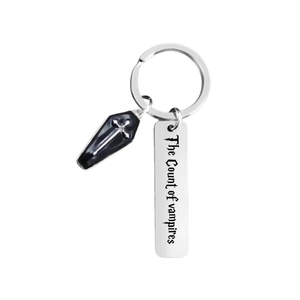Gothic vampire coffin keychain with cross emblem and the count of vampires metal plate