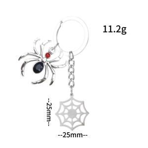 Spider keychain with black and red gems and stainless steel spider web charm for Halloween