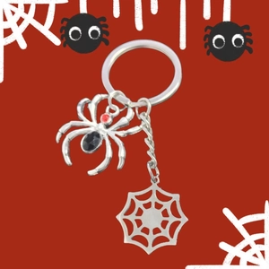 Halloween stainless steel spider keychain with red gemstone and spider web charms