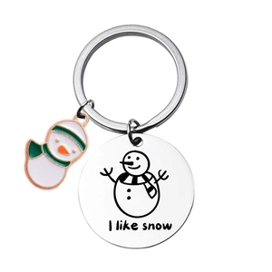 Stainless steel snowman keychain with I like snow engraving and colorful enamel pendant