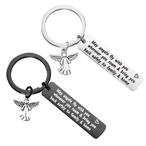 Stainless Steel Inspirational Keychain Engraved May Angels Fly With You Lettering Angel Charm Keyring For Traveler Gift Family Jewelry