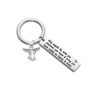 Polished stainless steel angel keychain with engraved May Angels Fly with You tag