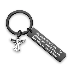 Stainless steel black keychain with angel charm and engraved blessing plate