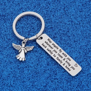 Stainless steel angel keychain with May Angels Fly With You engraved plaque and wing charm