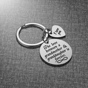 Macro detail of stainless steel grandmother keyring with engraved heart and infinity charm