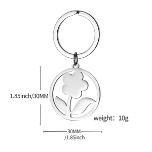 Porte-clés en acier inoxydable avec pendentif rond évidé de 30mm à motif floral
