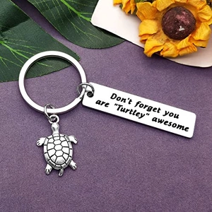 Inspirational stainless steel turtle keychain with encouraging quote on purple background