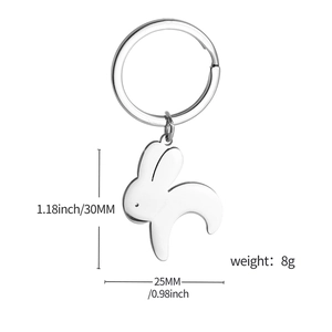 Polished stainless steel bunny silhouette keychain measuring 30mm with a heart cutout design