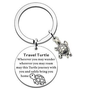 Inspirational silver turtle keychain with engraved stainless steel pendant for safe travel