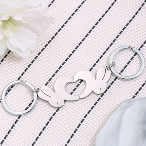 Cute bunny stainless steel heart stitching keychain set for couples and best friends