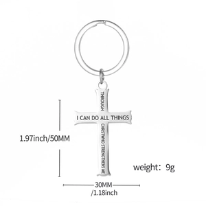 Inspirational Bible verse cross keychain made of durable stainless steel on white background