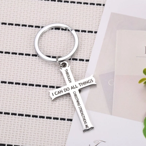 Inspirational Stainless Steel Cross Keychain I Can Do All Things Bible Verse Religious Key Ring Gift For Men Women