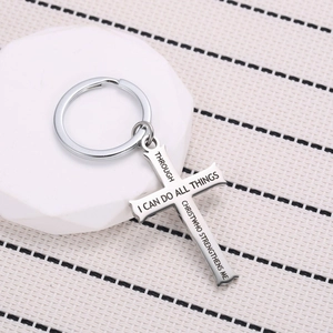 Polished stainless steel cross keychain with I CAN DO ALL THINGS inspirational engraving