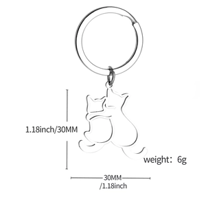 Polished stainless steel cat silhouette keychain with hollow hug design, 30mm diameter
