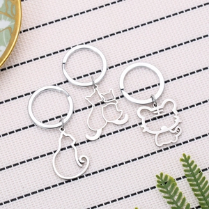 Minimalist hollow stainless steel keychain set with cat and tiger silhouette pendants