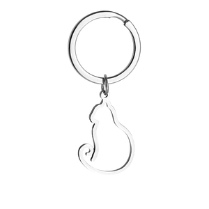 Detailed view of silver minimalist hollow cat keychain made of polished stainless steel